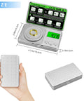 Ultra Precision 100g Pocket Digital Milligram Scale With 0.001g Readout shown open and closed, size comparison in hand