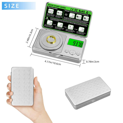 Ultra Precision 100g Pocket Digital Milligram Scale With 0.001g Readout shown open and closed, size comparison in hand