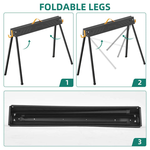 Heavy Duty Folding Saw Horses 2 Pack with foldable legs for quick setup, portable durable job site supports.