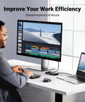 Two In Four Out USB 3.0 Switcher for Two Computers with Four Shared USB Ports on desk setup with monitor and laptop