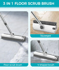 3 In 1 Floor Scrub Brush With 54 Inch Adjustable Long Handle Scraper And Squeegee, V Brush For Grout, Heavy Duty Stiff Bristles