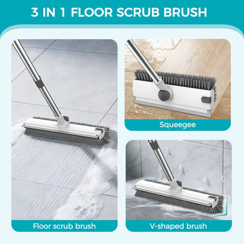 3 In 1 Floor Scrub Brush With 54 Inch Adjustable Long Handle Scraper And Squeegee, V Brush For Grout, Heavy Duty Stiff Bristles