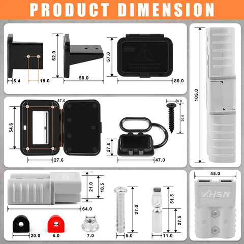 Product dimensions for 4 Pack 120A Battery Quick Disconnect Connectors with flush mount plates and dust covers, compatible with Anderson SB120.