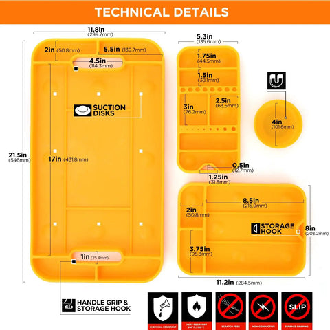 Technical details of Silicone Tool Tray Set 4 Piece Magnetic Non Slip Anti Scratch Heat Resistant Up To 248F 120C.