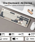 Full Size Wireless Mechanical Gaming Keyboard With Dot Display And Massive 10000 Mah Battery Rgb Backlit Silent Switches Built Different Daily Driver For Pc Mac And Android on a desk with a mouse and accessories.