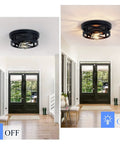 2 Pack Black Flush Mount Ceiling Lights, showing on and off states in a hallway setting, industrial farmhouse style.
