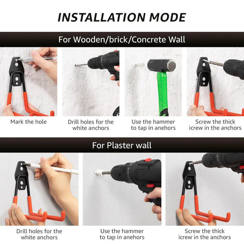 Installation steps for 30 Pack Heavy Duty Wall Mount Garage Hooks For Bikes, Ladders, Tools, And Garden Equipment on various walls.