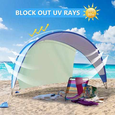 Windproof Beach Tent Sun Shelter With UPF50 Plus Protection, 11.5 By 10.5 Feet Beach Canopy on sand with chairs and towels