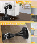Four Pack Magnetic Door Stop No Drilling With 3D Adhesive Tapes Keeps Doors Open And Silent Easy Install Durable Stainless Steel Mount With Included Screws Black Finish Great For Home And Office, shown in floor and wall mount setups.