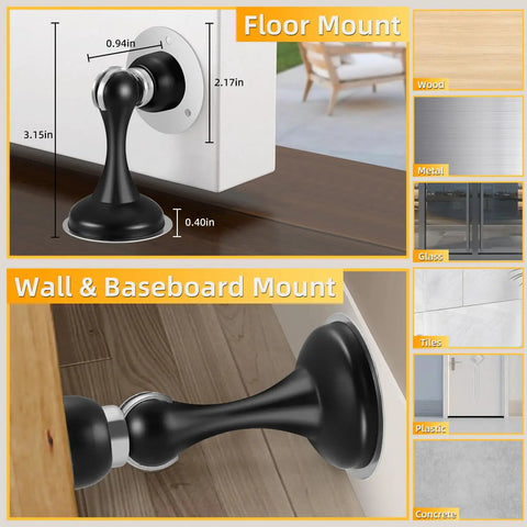 Four Pack Magnetic Door Stop No Drilling With 3D Adhesive Tapes Keeps Doors Open And Silent Easy Install Durable Stainless Steel Mount With Included Screws Black Finish Great For Home And Office, shown in floor and wall mount setups.
