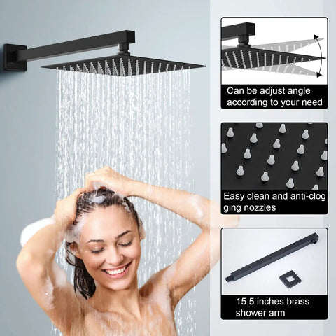 Matte Black 12 Inch Rainfall Shower Head System With Handheld Square Shower Head Luxury Rain Mixer Complete Combo Set Wall Mounted Brass Core Anti Clogging Nozzles Easy Clean Rust Resistant in use showing water flow.