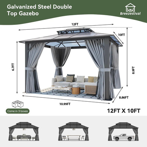 Hardtop Outdoor Gazebo 10x12 With Double Polycarbonate Roof, All Weather Permanent Pavilion in Aluminum Frame, Curtains and Netting