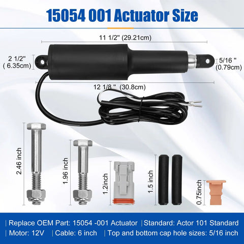 Image showing 101 Std Boat Trim Tab Actuator 2.25 Inch Stroke, 12V, with 6 Foot Wire Length, replacement for 20400-001, with dimensions.