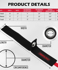 Product details of a black strap with grommet, showing dimensions for small, medium, and large sizes, with wrapping circumference and diameter.