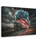 All American Vintage Train Canvas Print With American Flag Steam Locomotive, Framed Wall Art For Living Room, 18x12 Inch