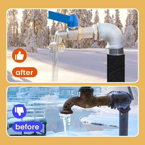Comparison of outdoor water faucets before and after using Pipe Insulation Wrap Self Adhesive Foam Tape 2 Inch By 13 Foot for freeze protection.