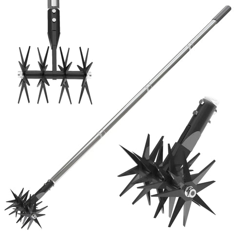 66 Inch Rotary Cultivator with Tempered Spring Steel Tines and Adjustable Stainless Steel Handle, garden tool close-up