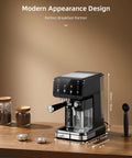 Big Time 20 Bar Espresso Machine And 9 In 1 Coffee Maker With Glowing Led Panel on countertop with measuring cups.