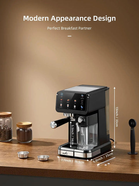 Big Time 20 Bar Espresso Machine And 9 In 1 Coffee Maker With Glowing Led Panel on countertop with measuring cups.