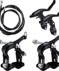 Six Piece Road Bike Brake Caliper Kit With C Shape Aluminum Calipers Levers Housing And Cables Replacement Set For Pro Grade Smooth Responsive Braking On Road Rides. Shown are black C-shaped calipers, brake levers, and cables.