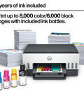Refillable Ink Tank All-In-One Printer With Wireless, Scanner And Copier, Cartridge-Free Ink System, AI Enabled, shown with ink bottles and printed pages