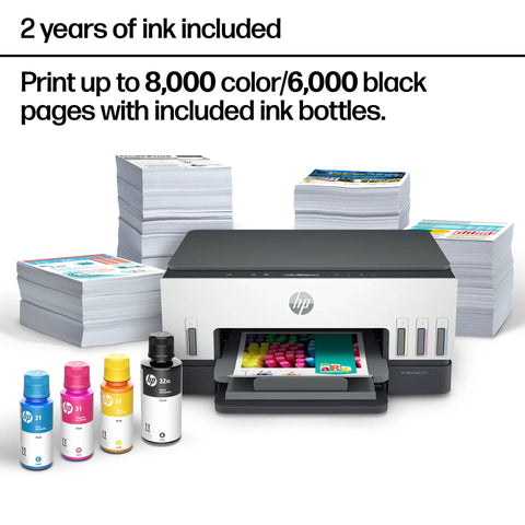 Refillable Ink Tank All-In-One Printer With Wireless, Scanner And Copier, Cartridge-Free Ink System, AI Enabled, shown with ink bottles and printed pages