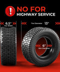 Set Of Two 13x6.50-6 Tubeless Lawn Mower Tires 4 Ply 14 PSI Max Load 200 Lbs Rim Width 4.5 In No Rims Included Fits Small Riding Mowers And Lawn Tractors, shown front and angled