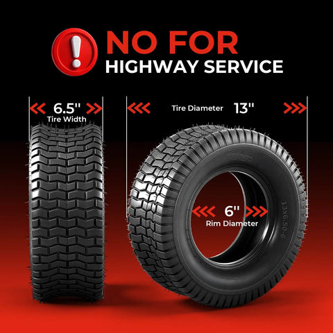 Set Of Two 13x6.50-6 Tubeless Lawn Mower Tires 4 Ply 14 PSI Max Load 200 Lbs Rim Width 4.5 In No Rims Included Fits Small Riding Mowers And Lawn Tractors, shown front and angled