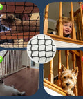 Kid and Pup Safe Rope Net for Balcony Railings with pets and child using 3x6 ft knotless polyester safety netting indoors.
