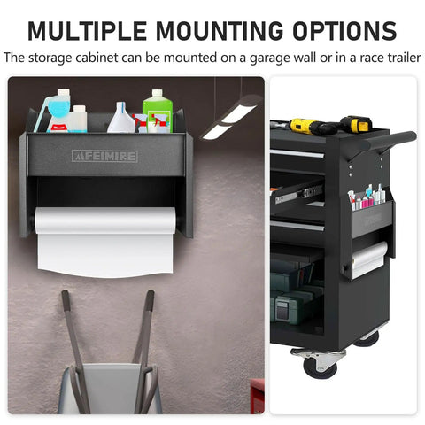 Garage And Trailer Storage Cabinet With Built In Paper Towel Holder, aluminum mounting, shown installed on a wall and a cart
