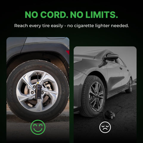 Portable Cordless Tire Inflator With Hard Case Bundle Quick Accurate Air Pump in use on parked vehicle tires