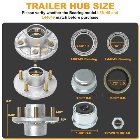 Diagram of Trailer Hub Kit 5 Bolt 4.5 Inch For 1 To 1.375 Inch Tapered Axles With 84 Spindle Includes L44649 And L68149