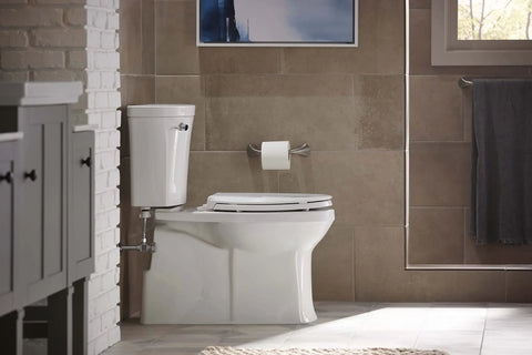 Bathroom with Alteo Pivoting Toilet Paper Holder in Brushed Nickel Finish next to modern toilet setup.