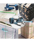 Heavy Duty Electric Strapping Machine With One Hand Auto Welding And Cutting shown on carton and wooden crates with secured loads.