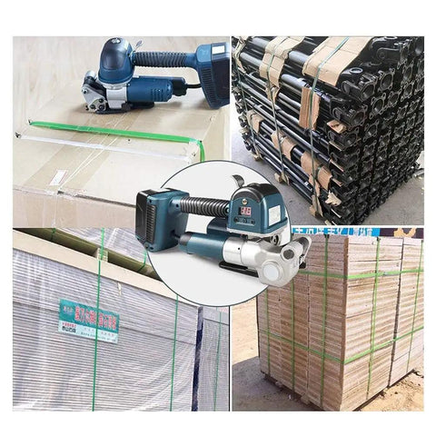 Heavy Duty Electric Strapping Machine With One Hand Auto Welding And Cutting shown on carton and wooden crates with secured loads.