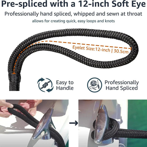Two Pack Half Inch By Twenty Foot Dock Lines With Twelve Inch Loop For Docking And Mooring A Workhorse Marine Grade Nylon Double Braided Rope Low Stretch High Strength Fray Resistant Easy Handling Black pre-spliced with 12-inch soft eye