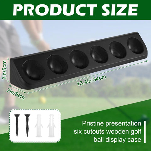 Wooden Golf Ball Display Case Black Wall Mount Holder Shelf For Collectors Secure Ball Display Stand dimensions labeled in inches