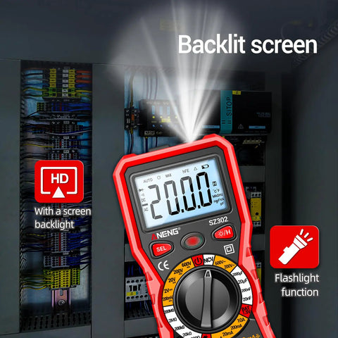Pro Grade Digital Multimeter With Backlit LCD Case And NCV Flashlight For Quick Live Wire Detection And Data Hold Measuring AC DC Voltage Current Capacitance Resistance Continuity And Diode Test, red SZ302