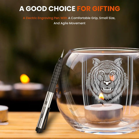 Heavy Duty 37000 RPM Cordless Engraving Pen Featuring Amped Up Rechargeable Battery And Lightning Fast Motor For Crisp Metal Wood Glass Carving And Super Sweet DIY Creations engraving a tiger design on glass.