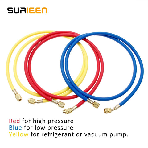 SURIEEN three 60-inch refrigerant charging hoses; red high, blue low, yellow refrigerant/vacuum; 1/4–5/16 SAE brass fittings