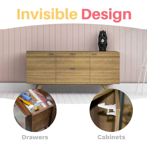 Invisible design of baby proof cabinet locks with 3M adhesive easy install no tools needed no drilling universal fit 8 pack