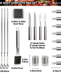 28 Piece Kickass BBQ Tool Set With Thermometer In Heavy Duty Stainless Steel Case featuring skewers, knives, forks, and grill brush