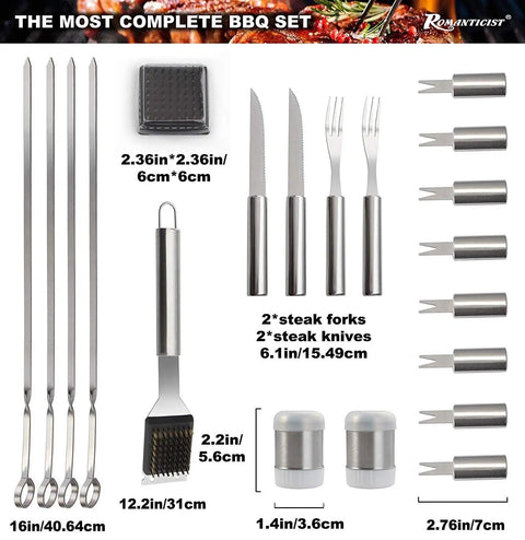 28 Piece Kickass BBQ Tool Set With Thermometer In Heavy Duty Stainless Steel Case featuring skewers, knives, forks, and grill brush