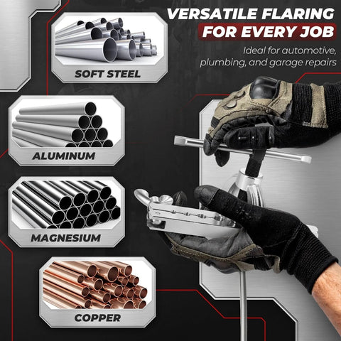 Flexzion brake line flaring tool kit with tubing cutter; side view; 45° single/double flare; 1/8–5/8 in tubing.