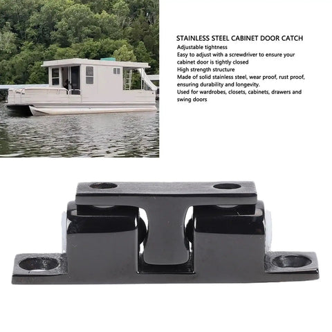Double Ball Roller Cabinet Door Catch Kit With Adjustable Tension Roller, Stainless Steel Black Painted Finish in front of boat
