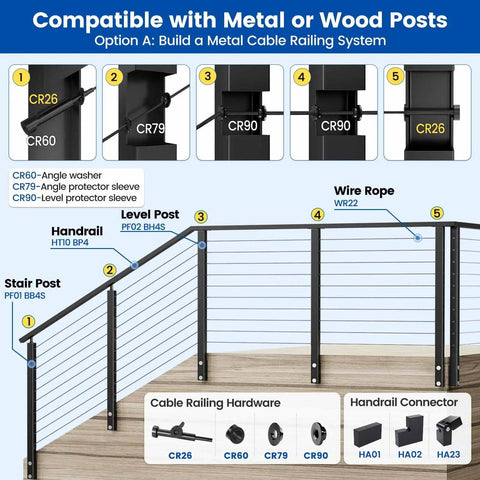 40 Pack 1/8 Inch Black Invisible Cable Railing Hardware Kit With 20 Pairs Tensioners And Terminals For 2x2 And 4x4 Wood Or Metal Posts T316 Stainless Steel Deck Cable Railing System CR26, metal post installation guide diagram.