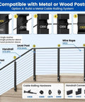 Installation guide showing 1/8 Inch Black Invisible Cable Railing Kit with tensioners and terminals for wood or metal posts.