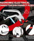 5 Piece Electrical Disconnect Pliers Set With Knuckle Friendly Textured Grips For Extracting Car Terminal Pins and Wire Terminals showing ergonomic design and grips.