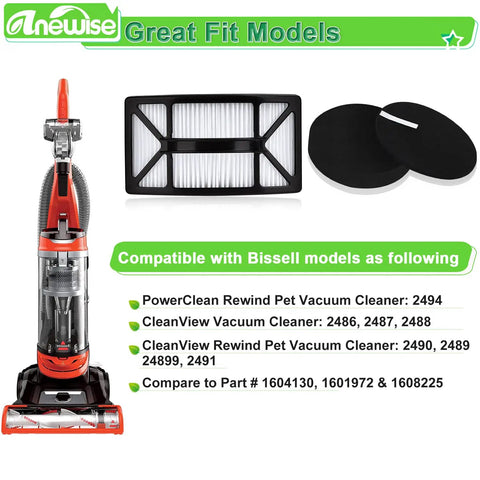 Get These Killer Hepa Filter Replacements That Work Great With Your Bissell Cleanview Vacuum Models 2486 2487 2488 2490 2492 And Powerclean 2494 Matching Parts 1604130 1601972 1608225 Includes Two Hepa And Four Foam Felt Filters shown with compatible vacuum