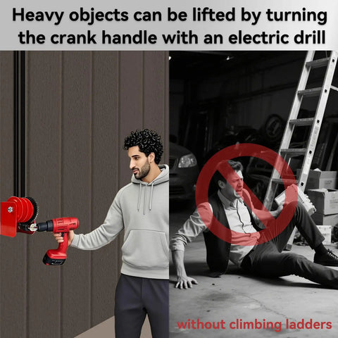 Adjustable Overhead Garage Storage Lift With Hand Crank Heavy Duty Ceiling Hoist System 300 Lb Capacity in use with drill